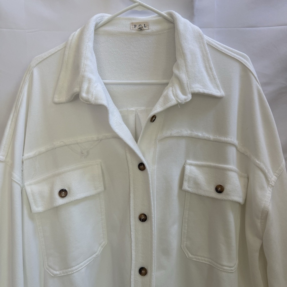 POL White Distressed Button Down‎ Shirt Jacket Shacket Oversized Women's Size L - Picture 2 of 13